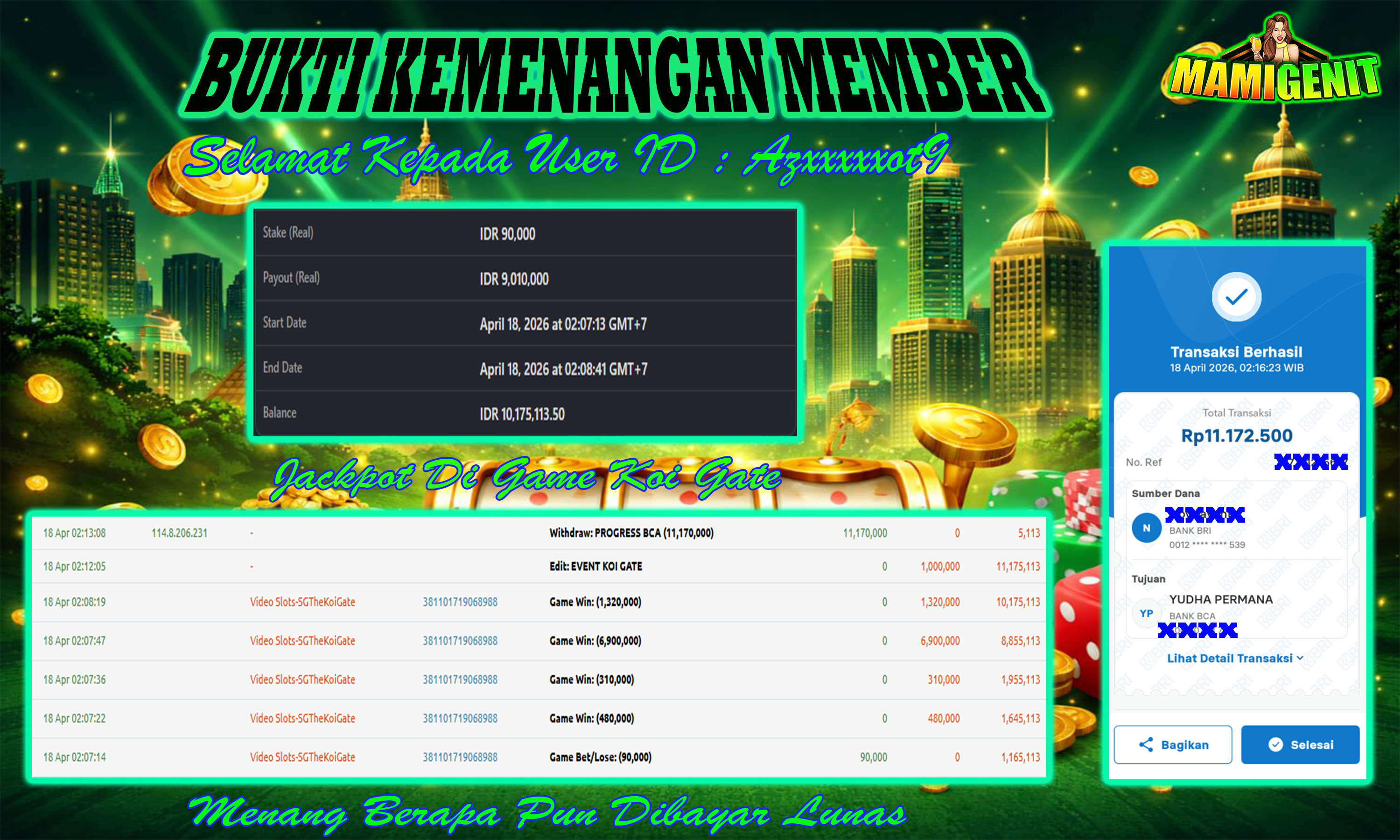 MAMIGENIT - JACKPOT DI SEBESAR RP.11,170,000,- DI GAME KOI GATE